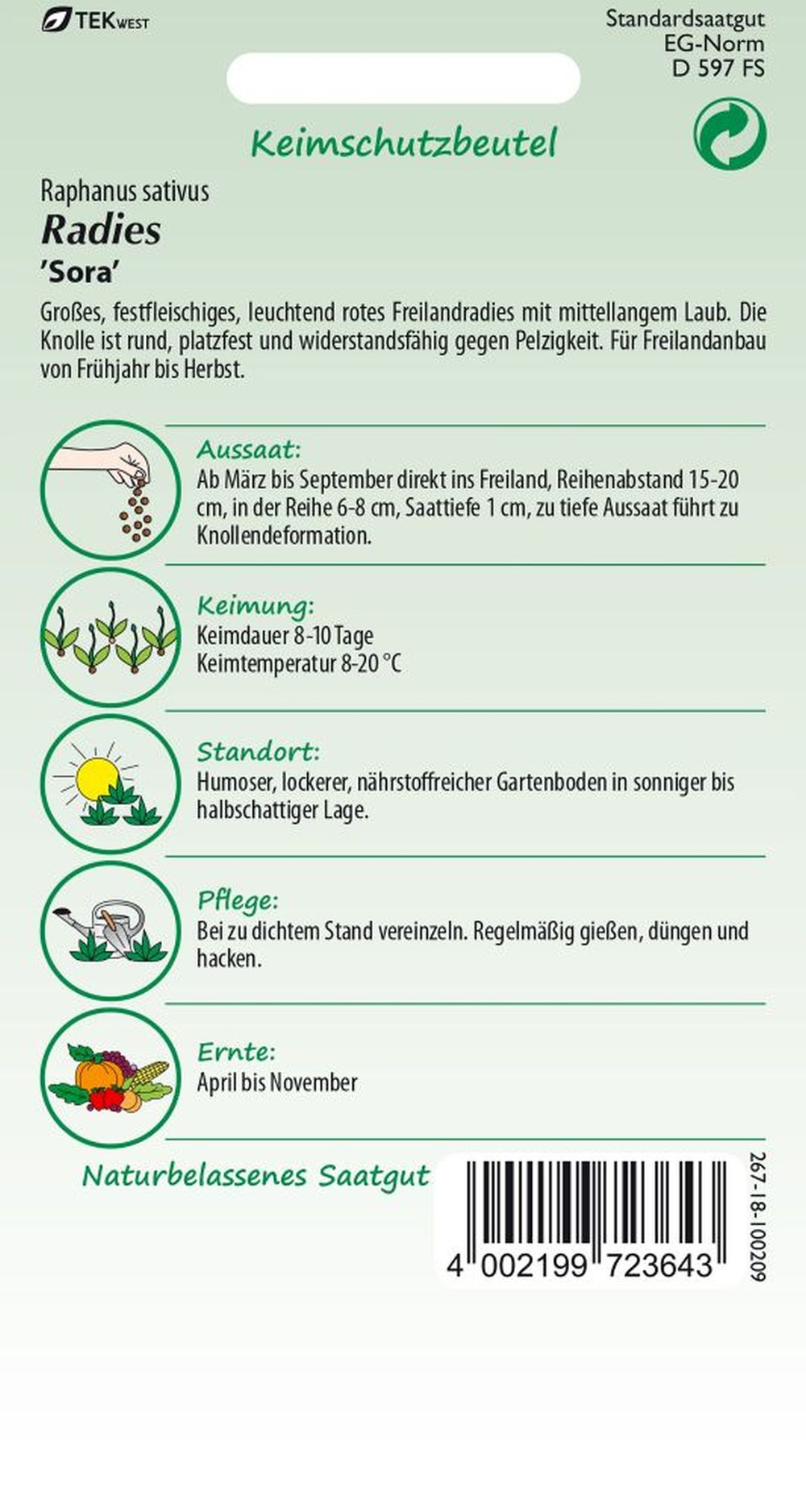 Rückseite der Verpackung des Saatgutes Radies, Sora der Firma Samen Pfann von ihrgartenberater.de