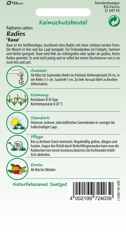 Rückseite der Verpackung des Saatgutes Radies, Raxe Kleinpackung der Firma Samen Pfann von ihrgartenberater.de