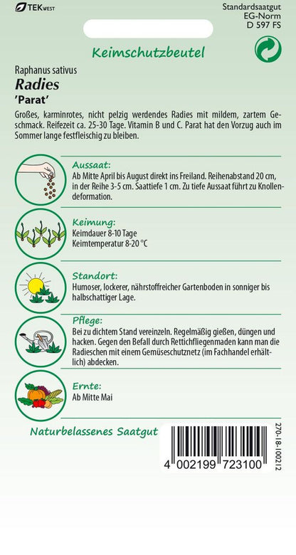 Rückseite der Verpackung des Saatgutes Radies, Parat Kleinpackung der Firma Samen Pfann von ihrgartenberater.de