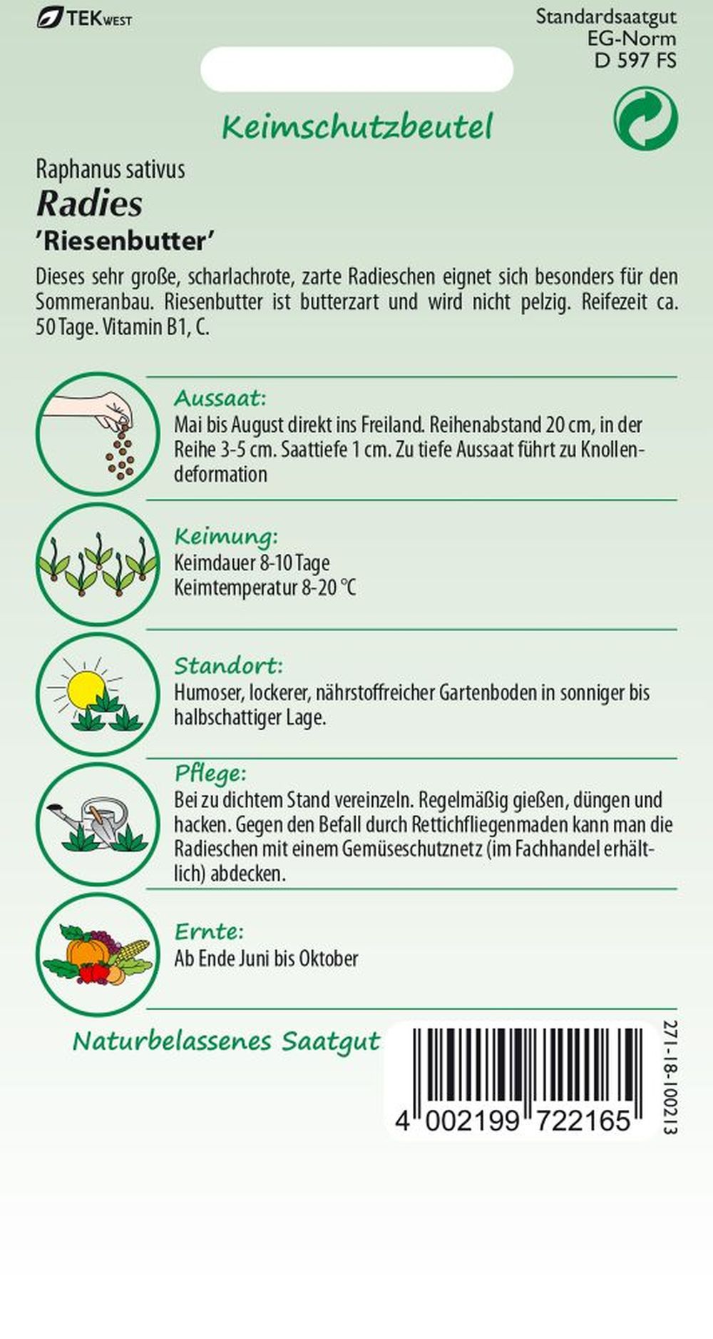 Rückseite der Verpackung des Saatgutes Radies, Riesenbutter der Firma Samen Pfann von ihrgartenberater.de