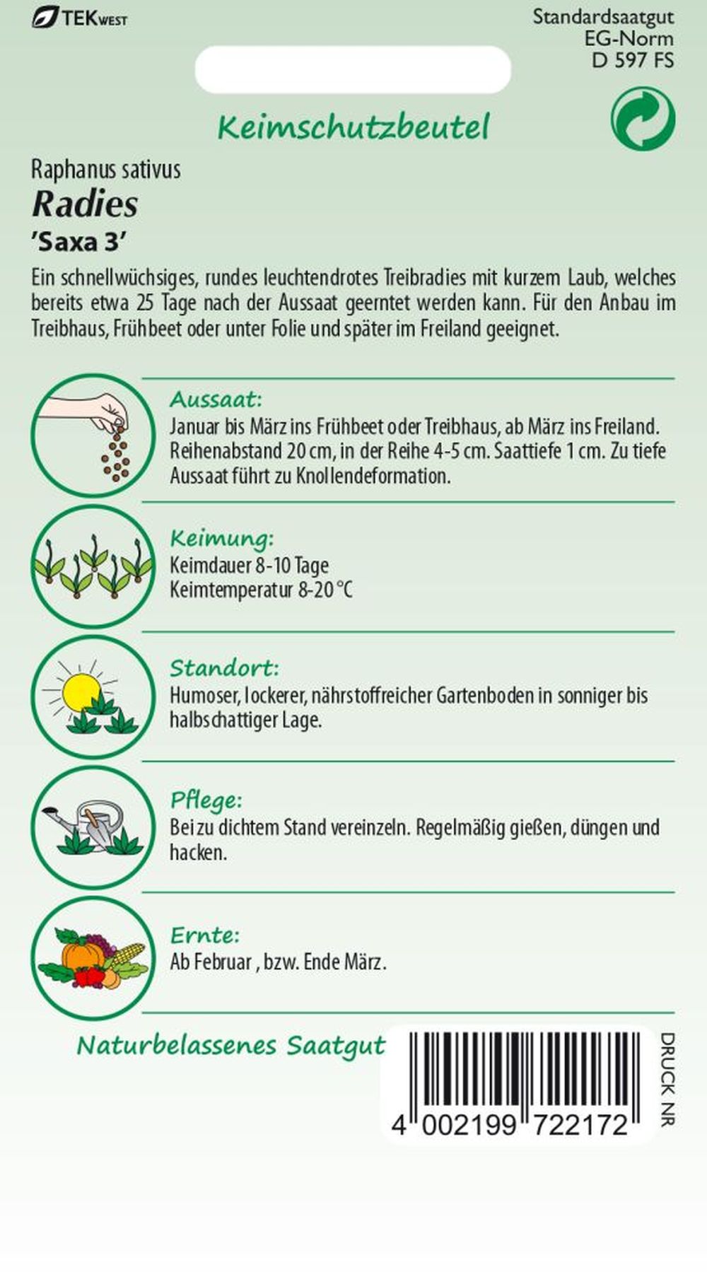 Rückseite der Verpackung des Saatgutes Radies, Saxa 3 der Firma Samen Pfann von ihrgartenberater.de