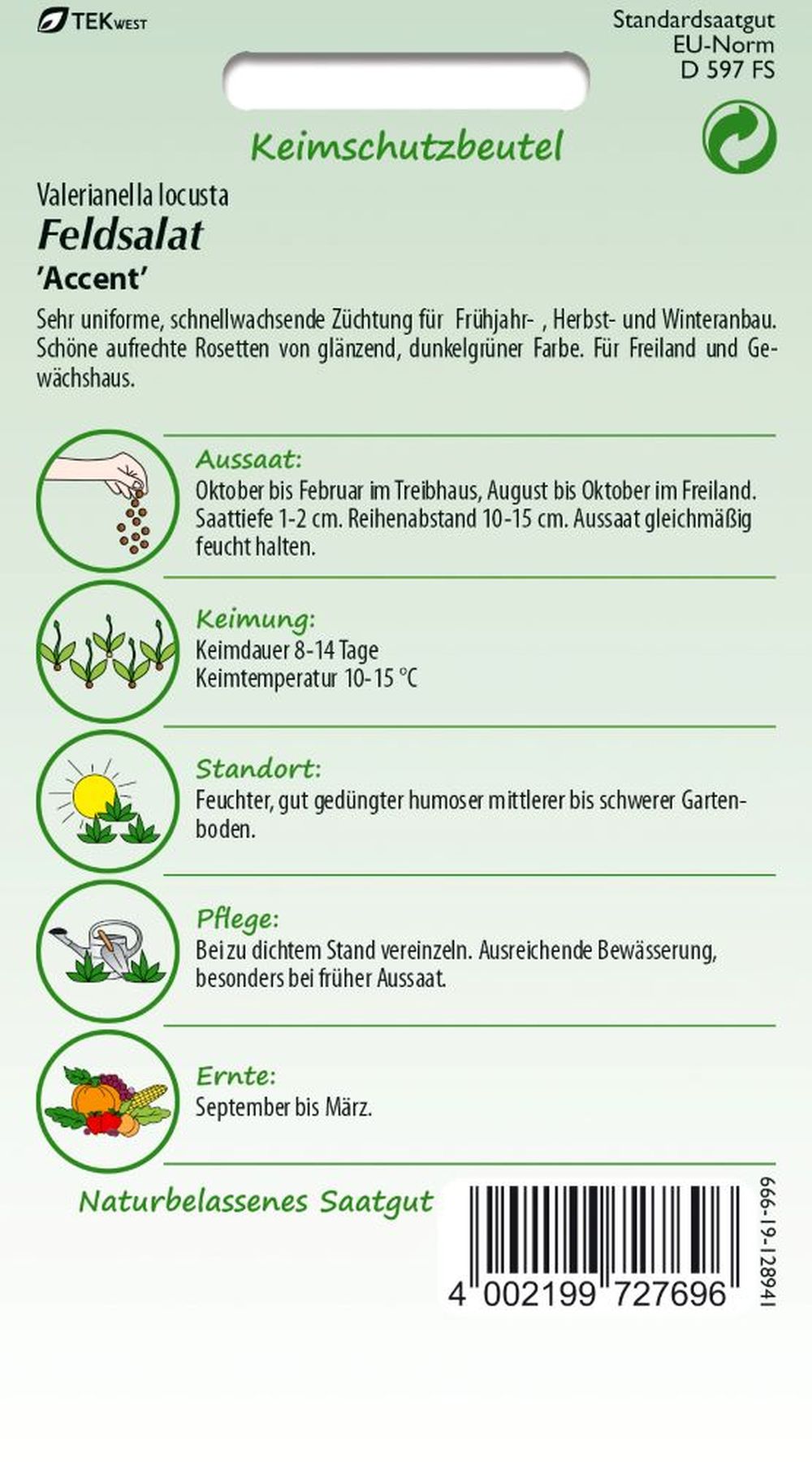 Rückseite der Verpackung des Saatgutes Feldsalat, Accent der Firma Samen Pfann von ihrgartenberater.de