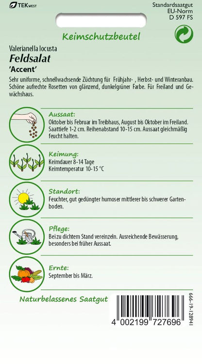 Rückseite der Verpackung des Saatgutes Feldsalat, Accent der Firma Samen Pfann von ihrgartenberater.de