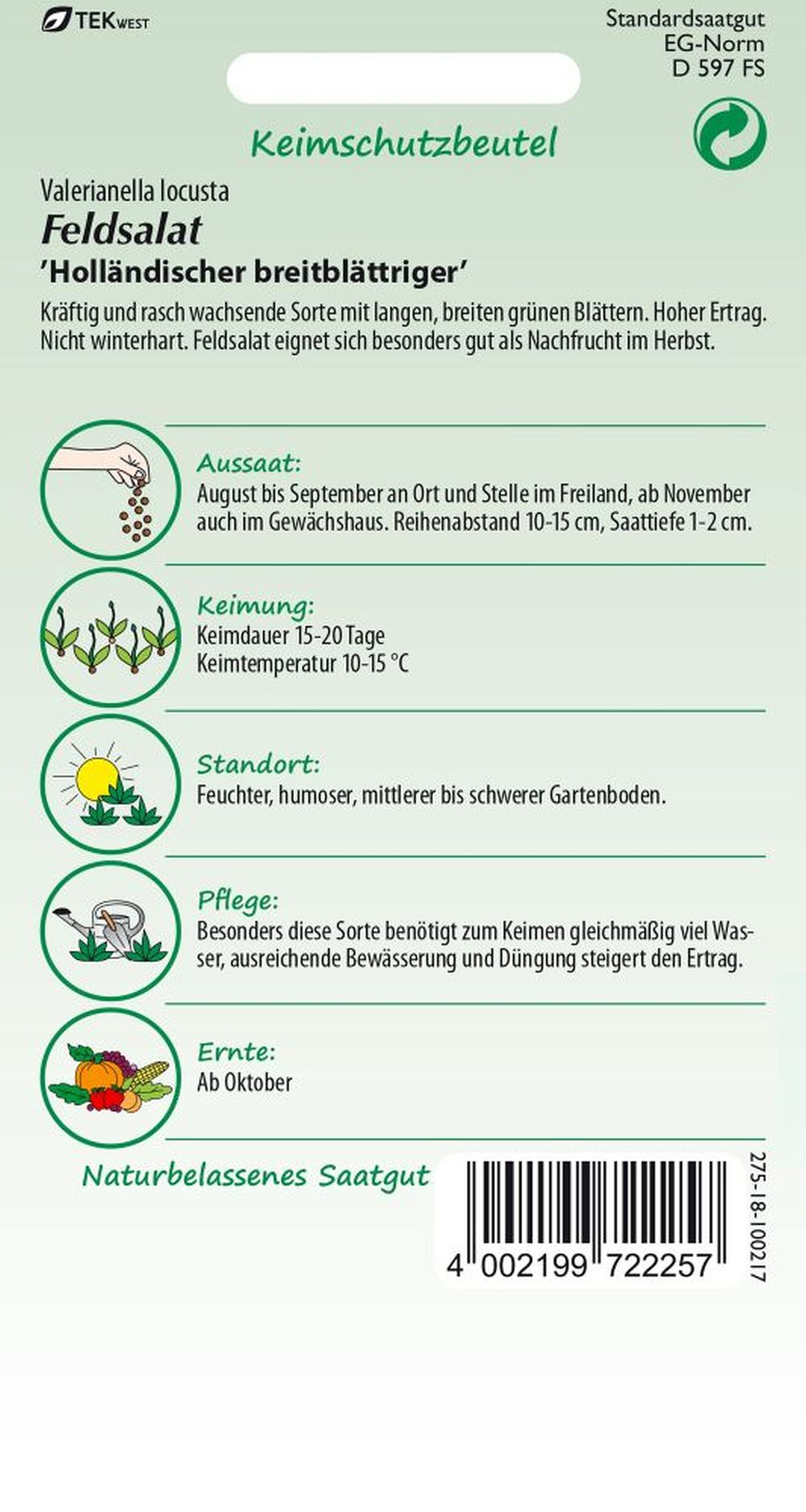 Rückseite der Verpackung des Saatgutes Feldsalat, Holländischer Breitblättriger der Firma Samen Pfann von ihrgartenberater.de