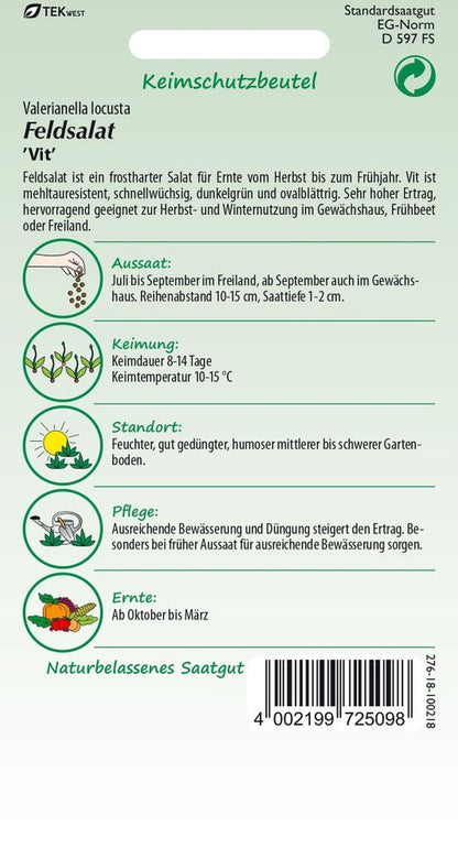 Rückseite der Verpackung des Saatgutes Feldsalat, Vit Kleinpackung der Firma Samen Pfann von ihrgartenberater.de