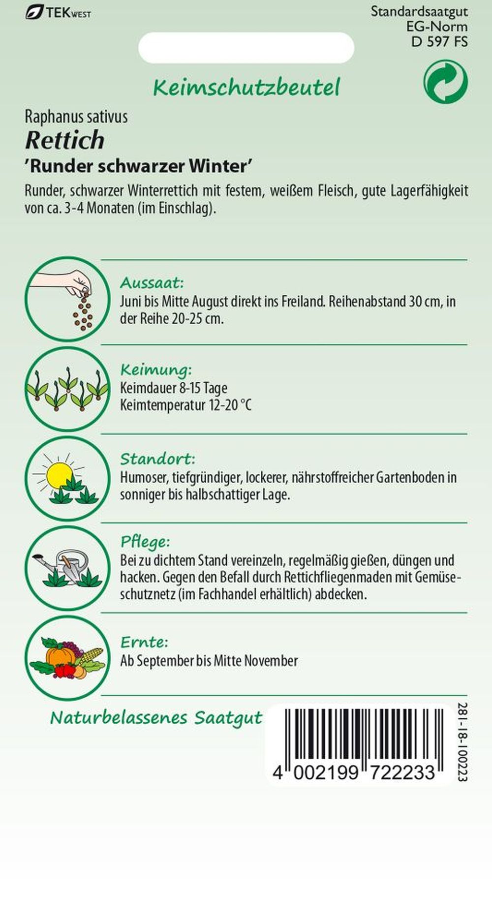 Rückseite der Verpackung des Saatgutes Rettich, Runder schwarzer Winter der Firma Samen Pfann von ihrgartenberater.de