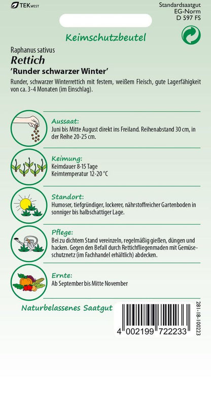 Rückseite der Verpackung des Saatgutes Rettich, Runder schwarzer Winter der Firma Samen Pfann von ihrgartenberater.de