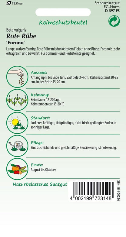 Rückseite der Verpackung des Saatgutes Rote Rübe, Forono der Firma Samen Pfann von ihrgartenberater.de