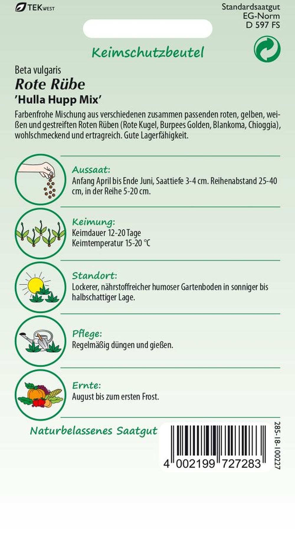 Rückseite der Verpackung des Saatgutes Rote Rübe, Hulla Hupp Mix der Firma Samen Pfann von ihrgartenberater.de