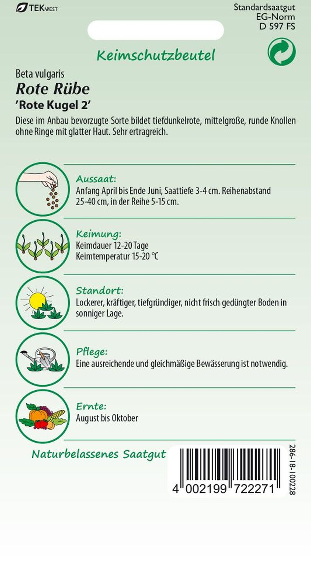 Rückseite der Verpackung des Saatgutes Rote Rübe, Rote Kugel der Firma Samen Pfann von ihrgartenberater.de