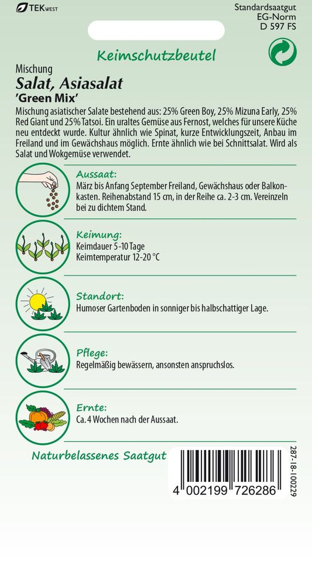 Rückseite der Verpackung des Saatgutes Asiasalat, Green Mix, Mischung der Firma Samen Pfann von ihrgartenberater.de