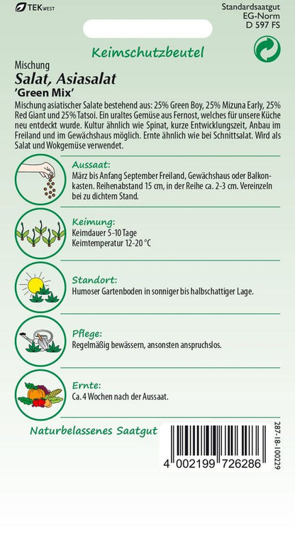 Rückseite der Verpackung des Saatgutes Asiasalat, Green Mix, Mischung der Firma Samen Pfann von ihrgartenberater.de