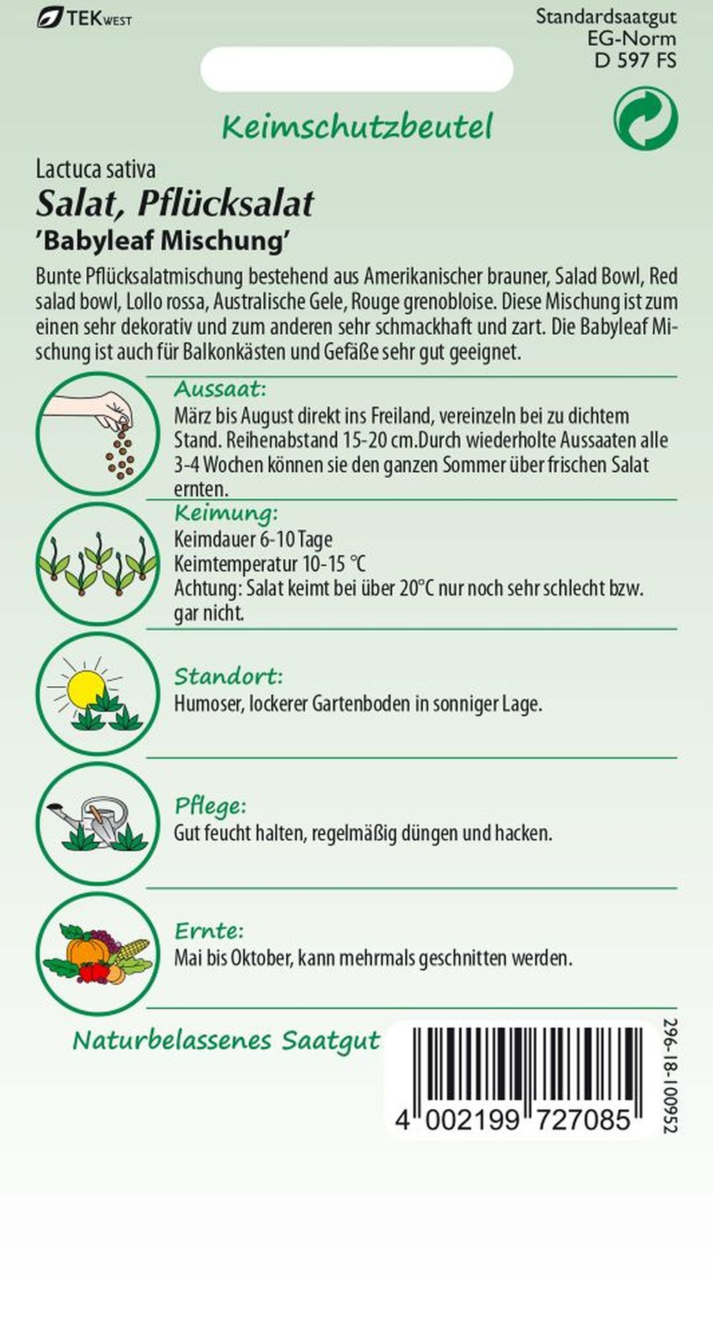 Rückseite der Verpackung des Saatgutes Pflücksalat, Baby Leaf Mischung Kleinpackung der Firma Samen Pfann von ihrgartenberater.de