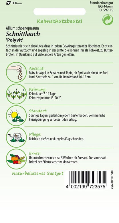 Rückseite der Verpackung des Saatgutes Schnittlauch, Polyvit der Firma Samen Pfann von ihrgartenberater.de