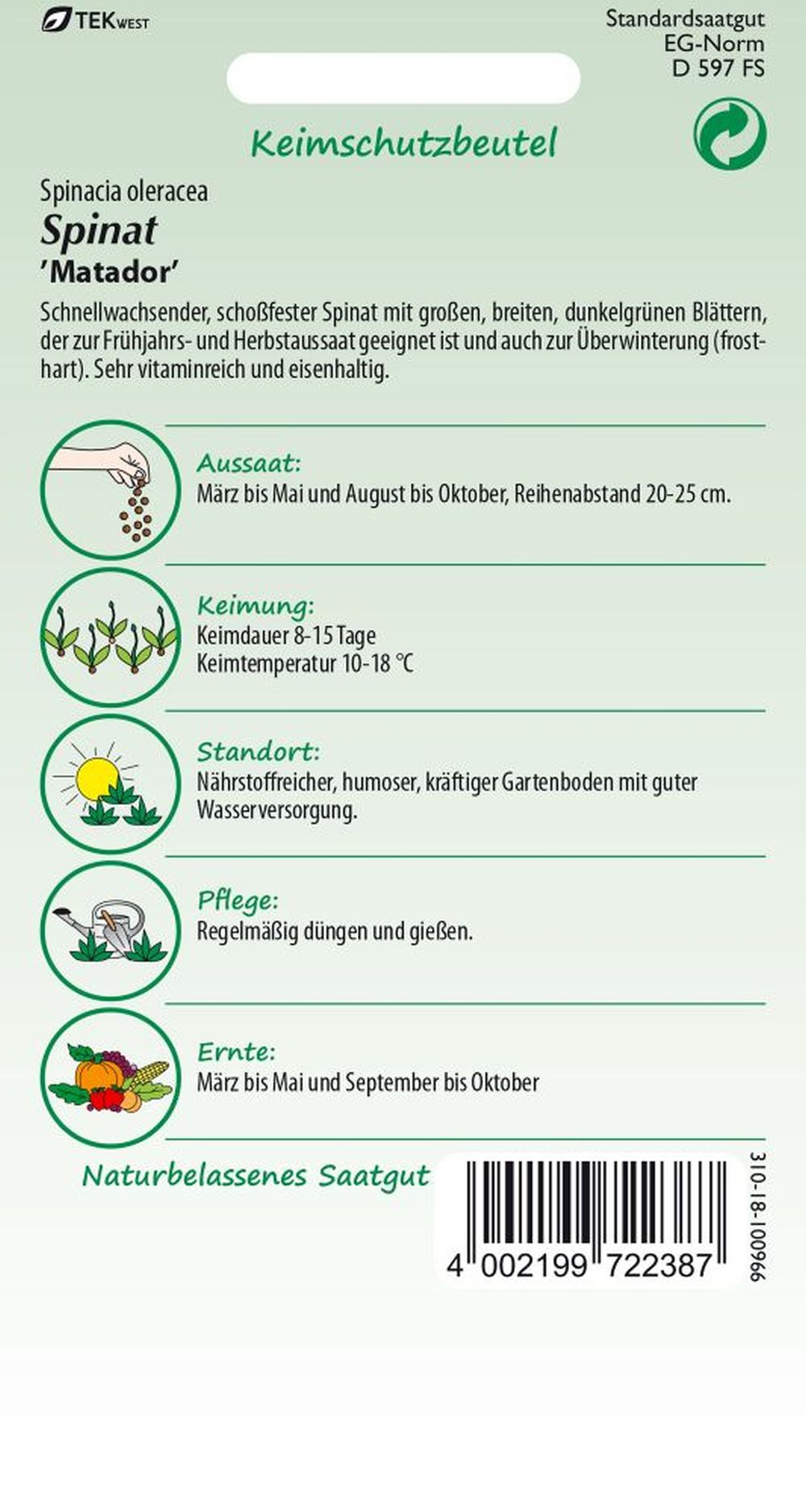 Rückseite der Verpackung des Saatgutes Spinat, Matador Kleinpackung der Firma Samen Pfann von ihrgartenberater.de