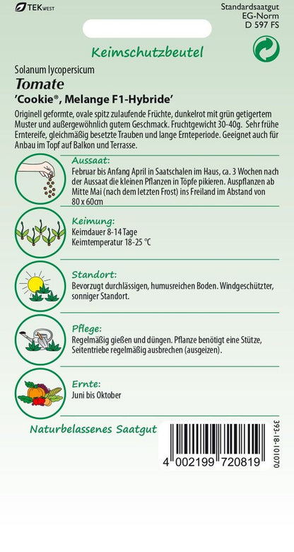 Rückseite der Verpackung des Saatgutes Tomate, Cookie (Melange F1) der Firma Samen Pfann von ihrgartenberater.de