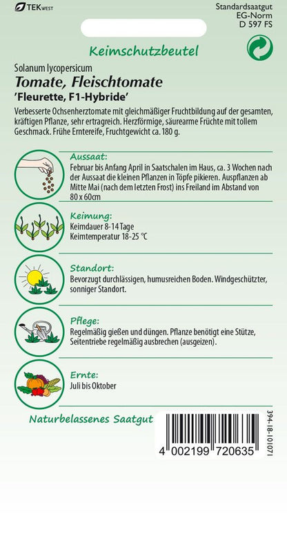 Rückseite der Verpackung des Saatgutes Tomate, Fleurette F1 (Ochsenherztomate) der Firma Samen Pfann von ihrgartenberater.de