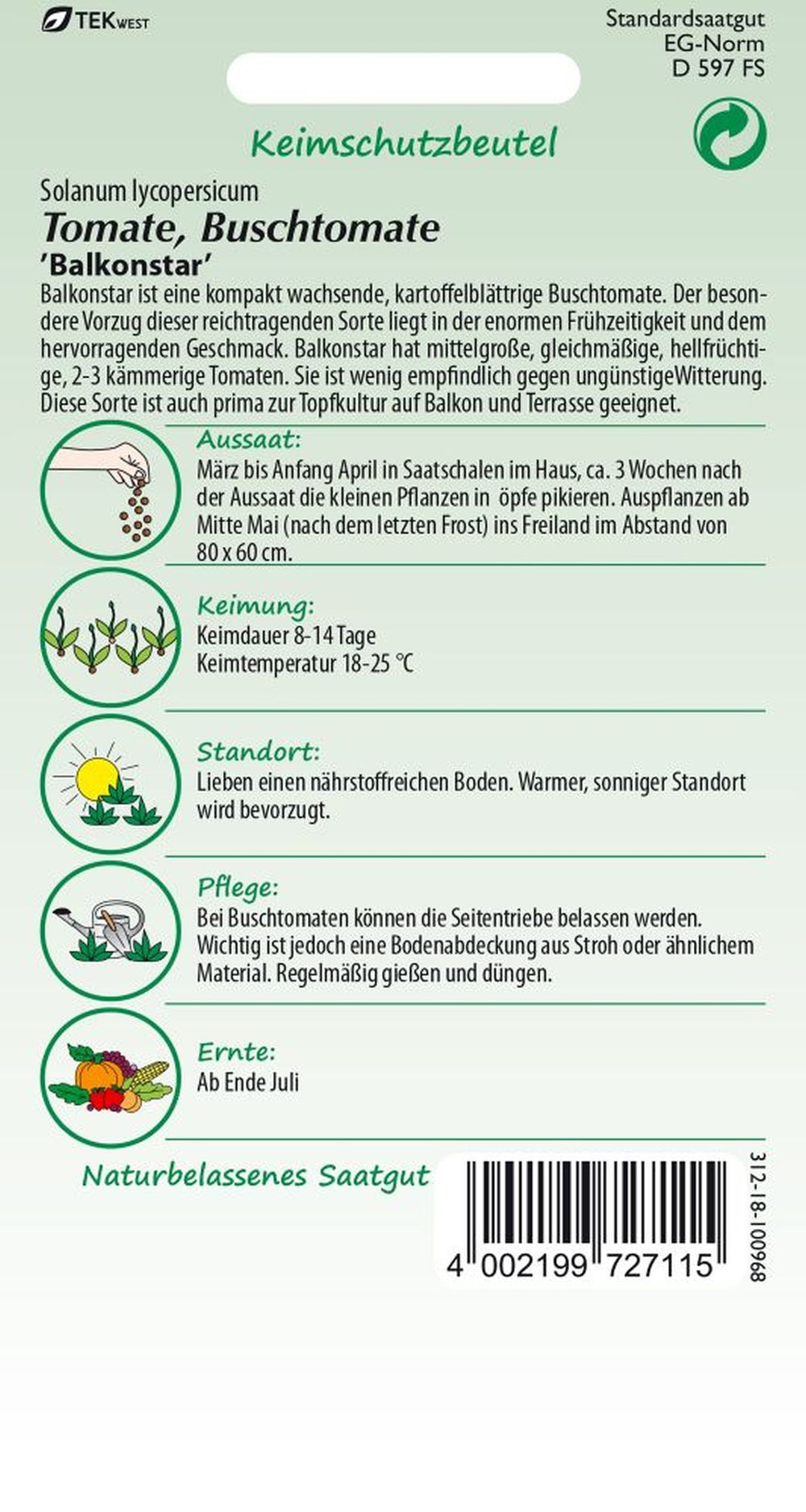 Rückseite der Verpackung des Saatgutes Tomate, Buschtomate, Balkonstar der Firma Samen Pfann von ihrgartenberater.de