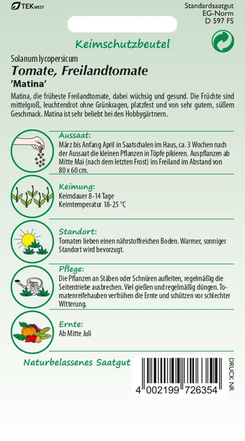 Rückseite der Verpackung des Saatgutes Tomate, Matina der Firma Samen Pfann von ihrgartenberater.de