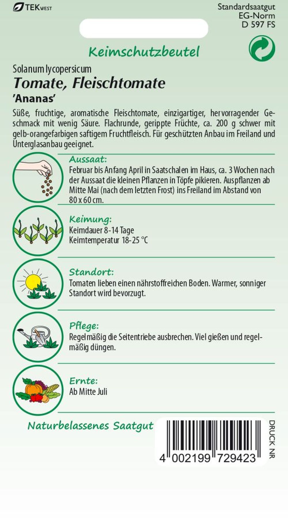 Rückseite der Verpackung des Saatgutes Fleischtomate, Ananas der Firma Samen Pfann von ihrgartenberater.de