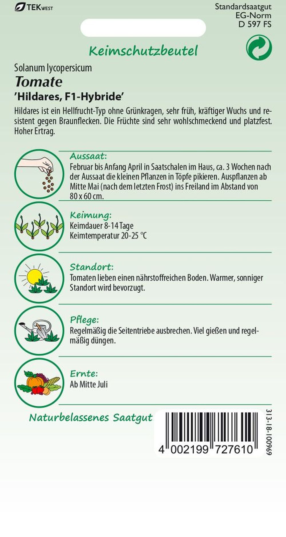 Rückseite der Verpackung des Saatgutes Tomate, Hildares F1 der Firma Samen Pfann von ihrgartenberater.de