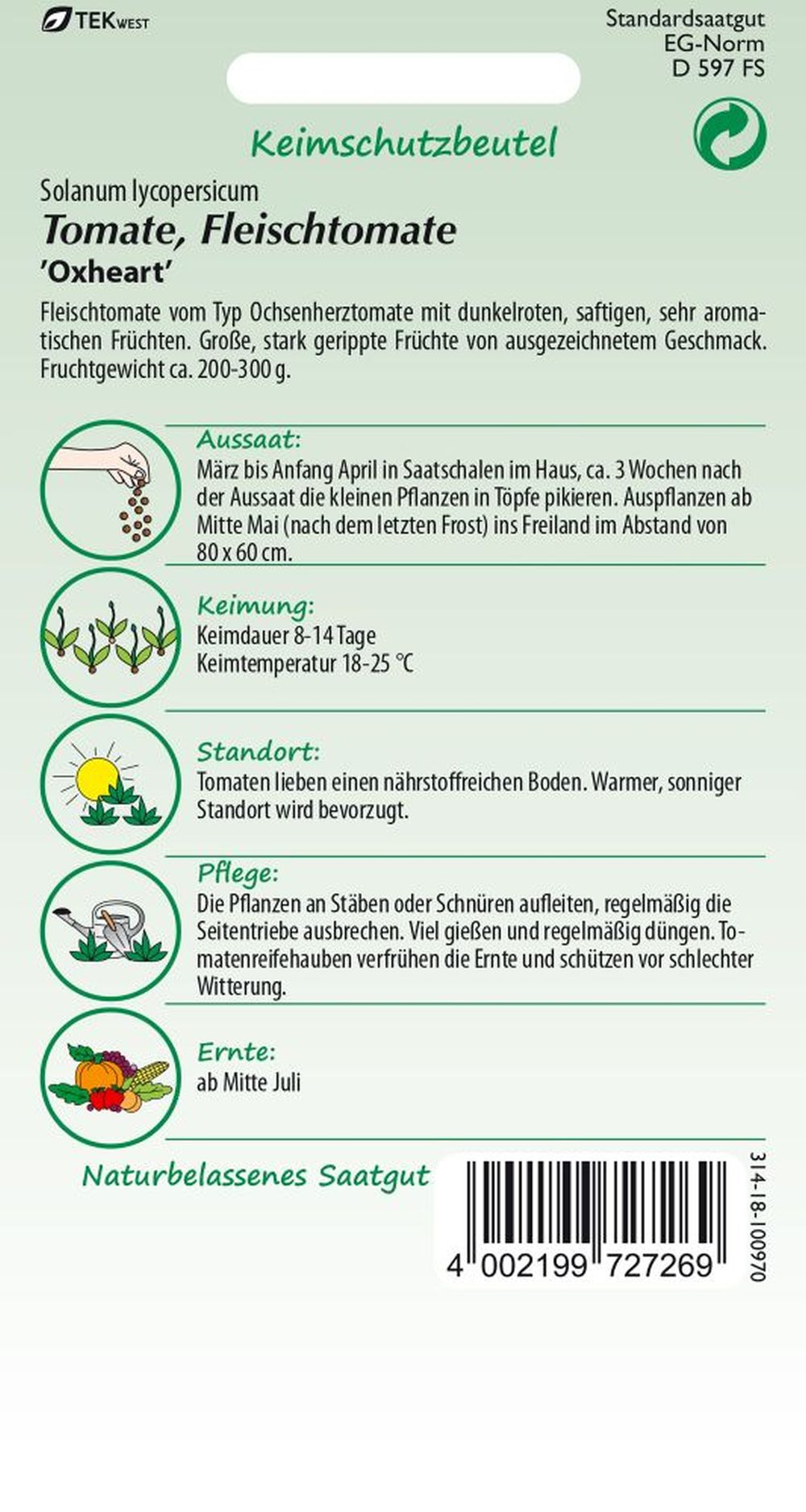 Rückseite der Verpackung des Saatgutes Fleischtomate, Oxheart (Typ Ochsenherz) der Firma Samen Pfann von ihrgartenberater.de