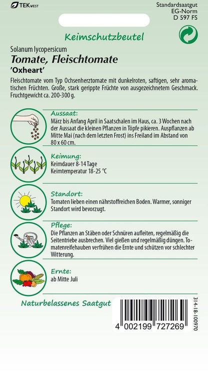 Rückseite der Verpackung des Saatgutes Fleischtomate, Oxheart (Typ Ochsenherz) der Firma Samen Pfann von ihrgartenberater.de