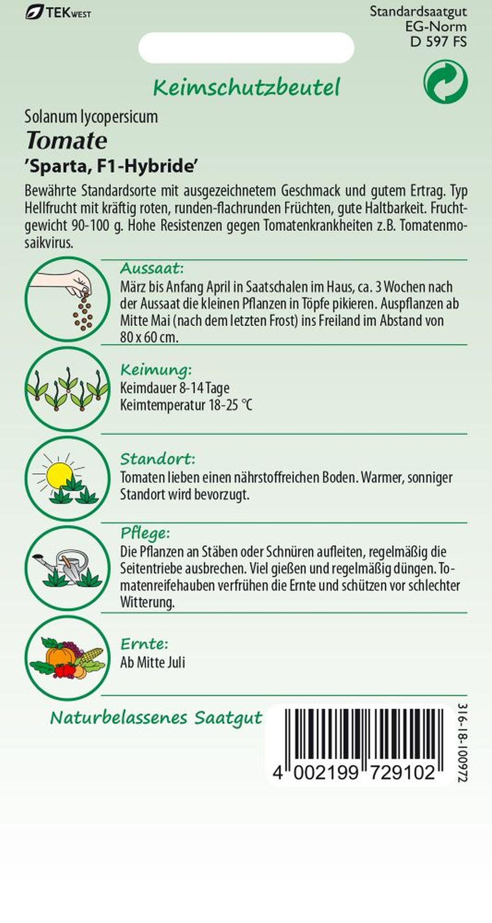 Rückseite der Verpackung des Saatgutes Tomate, Sparta F1 der Firma Samen Pfann von ihrgartenberater.de