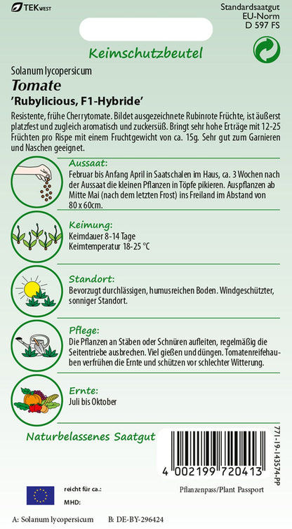 Rückseite der Verpackung des Saatgutes Tomate, Rubylicious F1 der Firma Samen Pfann von ihrgartenberater.de