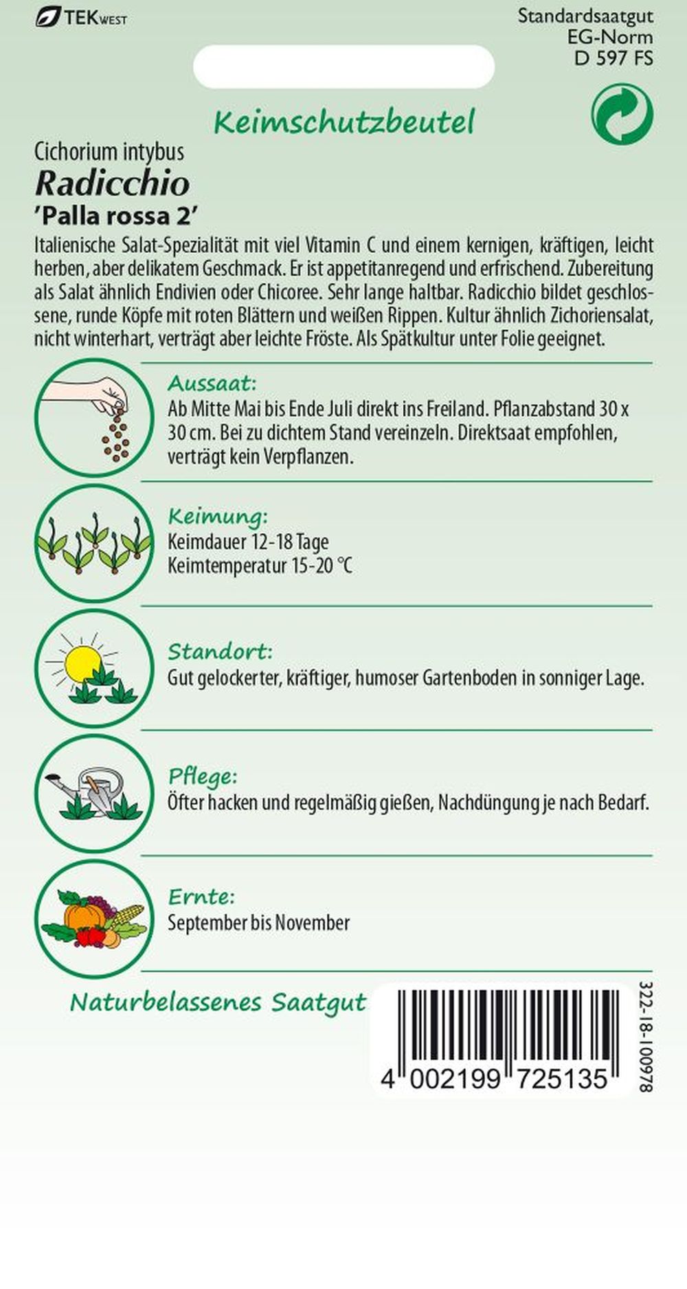 Rückseite der Verpackung des Saatgutes Radicchio, Palla Rossa der Firma Samen Pfann von ihrgartenberater.de