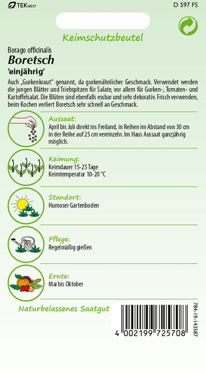 Rückseite der Verpackung des Saatgutes Borretsch der Firma Samen Pfann von ihrgartenberater.de