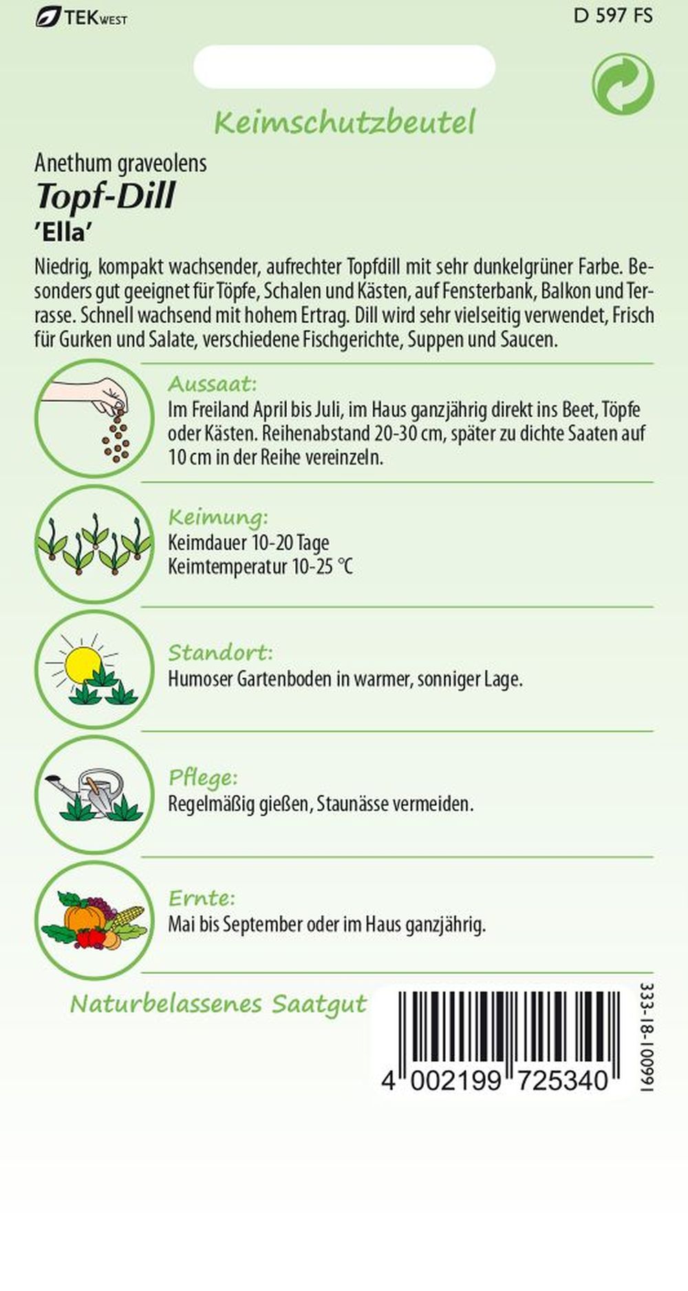 Rückseite der Verpackung des Saatgutes Topf - Dill, Ella der Firma Samen Pfann von ihrgartenberater.de