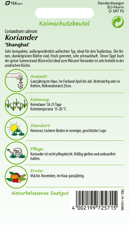 Rückseite der Verpackung des Saatgutes Koriander, Shanghai der Firma Samen Pfann von ihrgartenberater.de