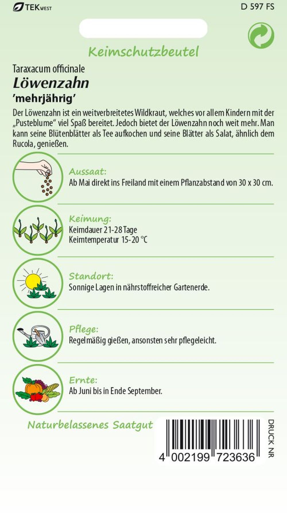 Rückseite der Verpackung des Saatgutes Löwenzahn der Firma Samen Pfann von ihrgartenberater.de