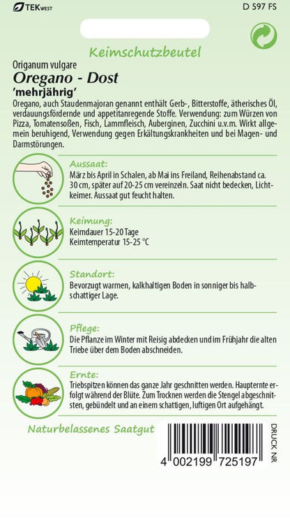 Rückseite der Verpackung des Saatgutes Oregano/Dost der Firma Samen Pfann von ihrgartenberater.de