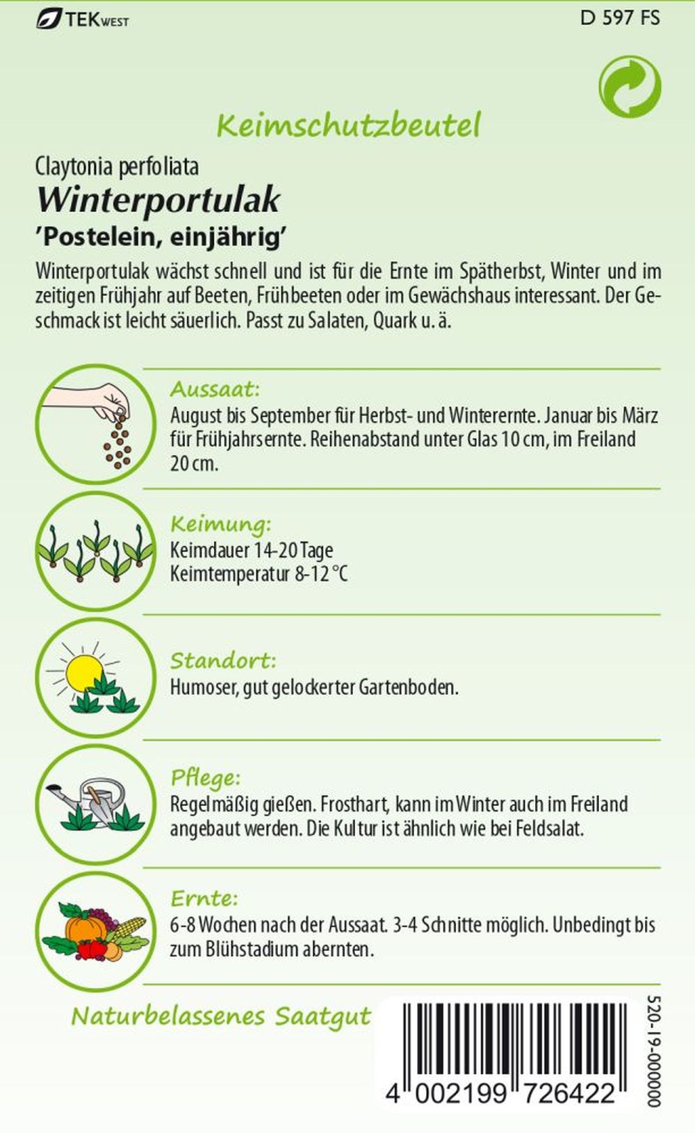 Rückseite der Verpackung des Saatgutes Winterportulak der Firma Samen Pfann von ihrgartenberater.de