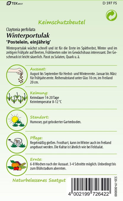 Rückseite der Verpackung des Saatgutes Winterportulak der Firma Samen Pfann von ihrgartenberater.de