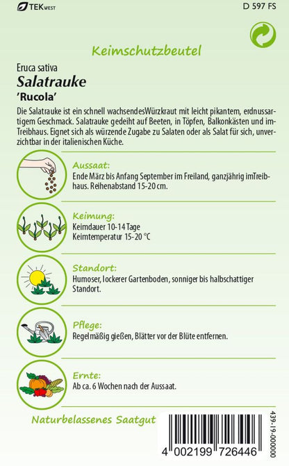 Rückseite der Verpackung des Saatgutes Salatrauke, Rucola Kleinpackung der Firma Samen Pfann von ihrgartenberater.de