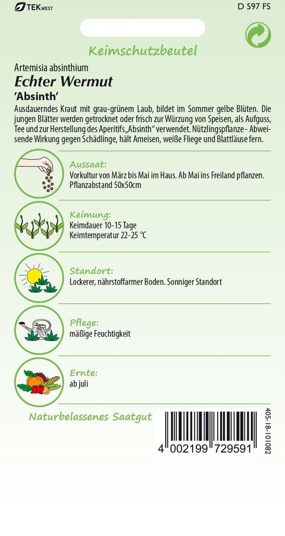 Rückseite der Verpackung des Saatgutes Echter Wermut (Absinth) der Firma Samen Pfann von ihrgartenberater.de