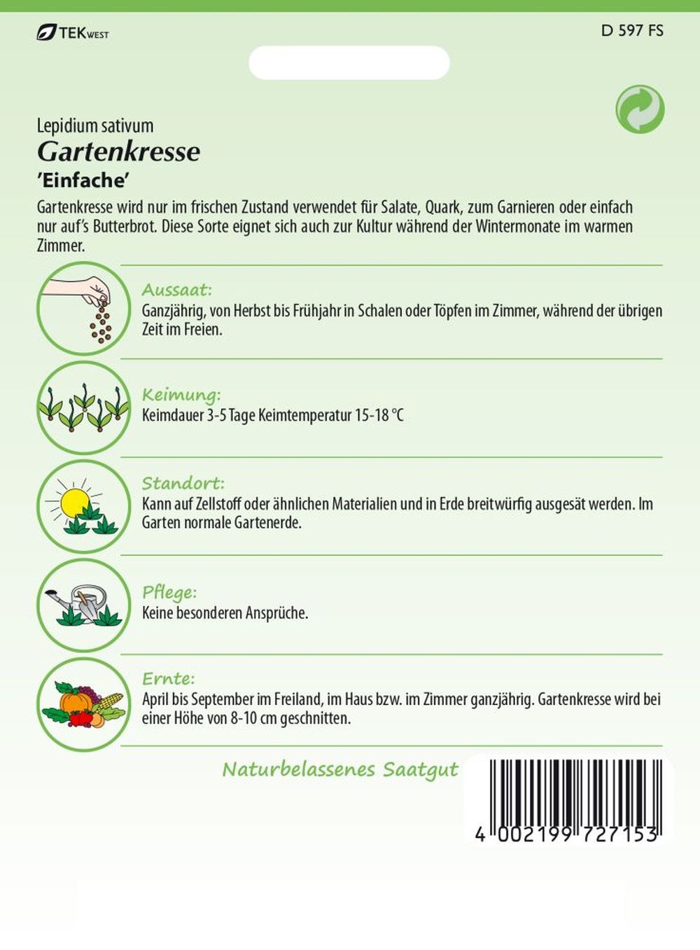 Rückseite der Verpackung des Saatgutes Gartenkresse Großpackung der Firma Samen Pfann von ihrgartenberater.de