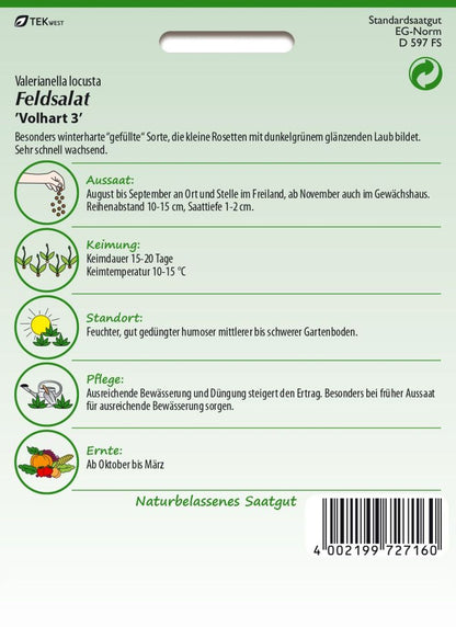 Rückseite der Verpackung des Saatgutes Feldsalat, Vollhart 3 Großpackung der Firma Samen Pfann von ihrgartenberater.de