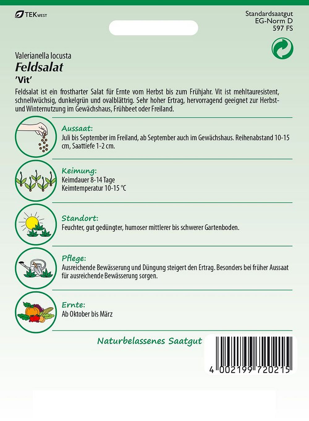 Rückseite der Verpackung des Saatgutes Feldsalat, Vit Großpackung der Firma Frankonia Samen von ihrgartenberater.de