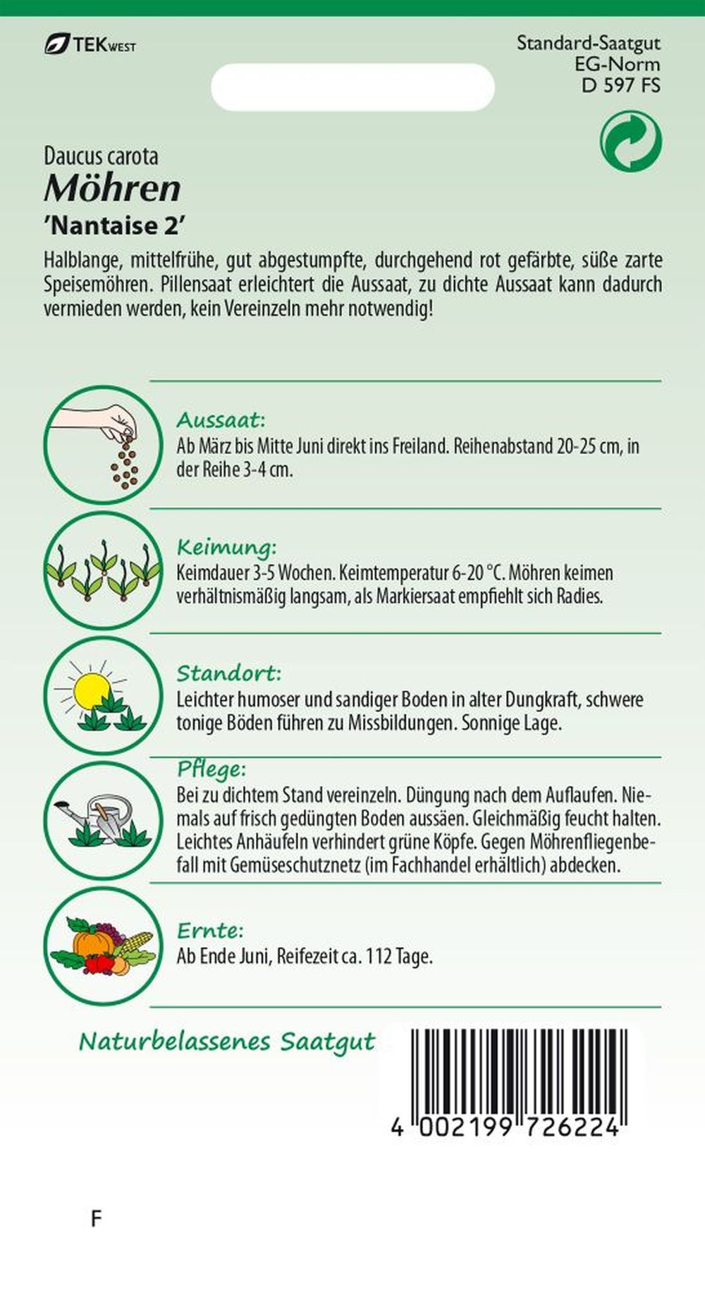 Rückseite der Verpackung des Saatgutes Möhre, Nantaise Pillensaat der Firma Samen Pfann von ihrgartenberater.de