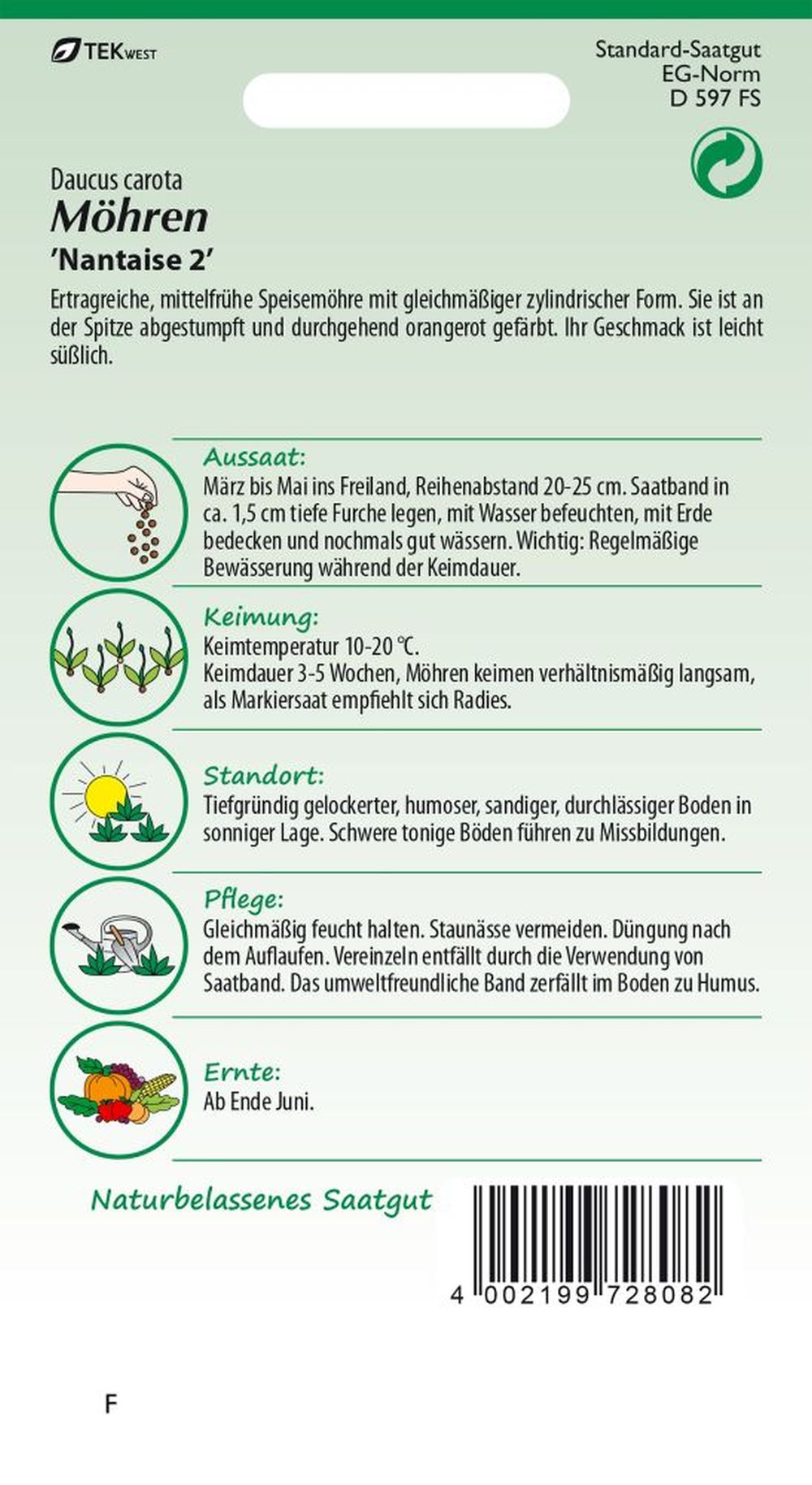 Rückseite der Verpackung des Saatgutes Möhre, Nantaise Saatband der Firma Samen Pfann von ihrgartenberater.de