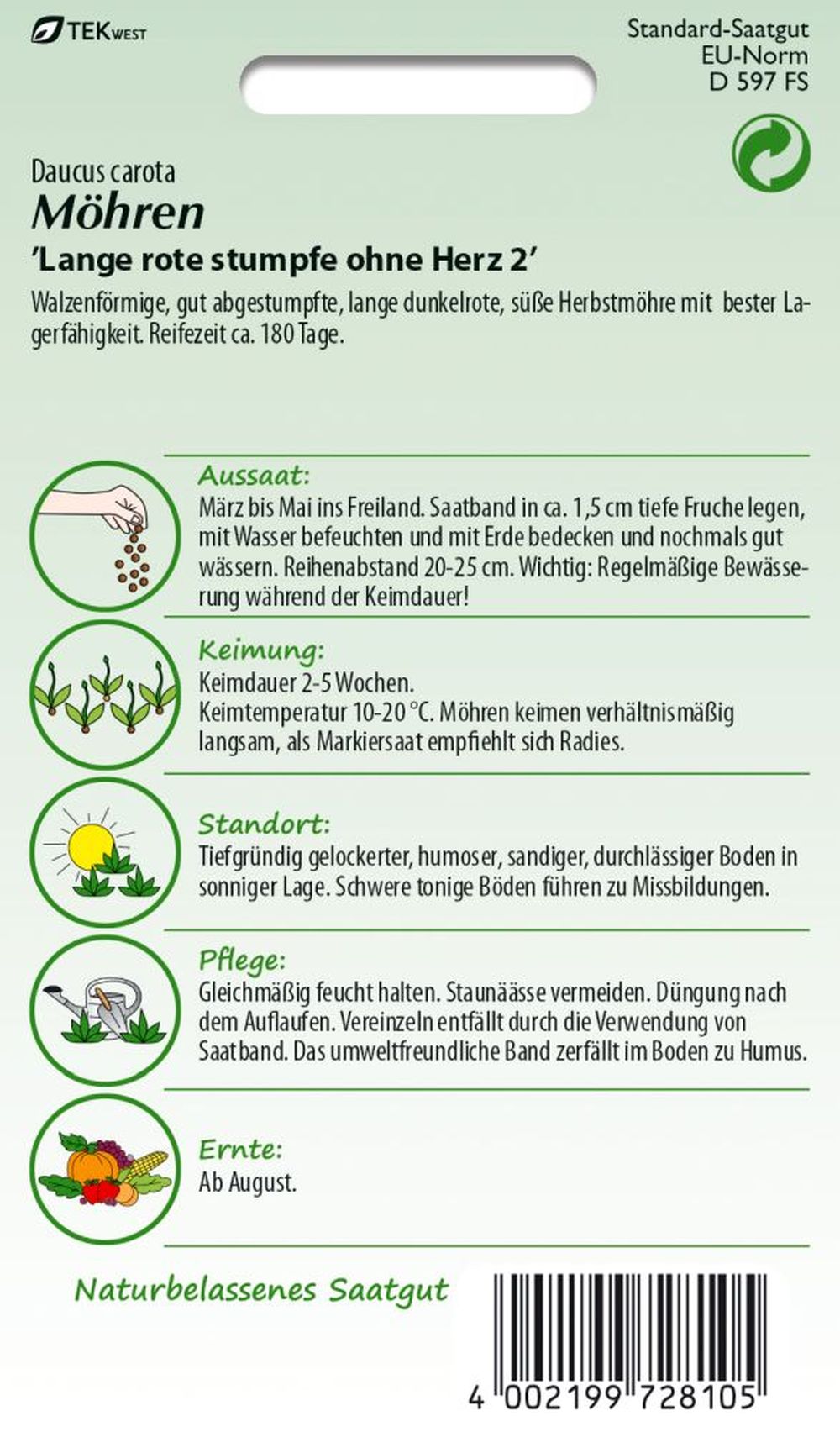 Rückseite der Verpackung des Saatgutes Möhre, Lange rote Stumpfe ohne Herz Saatband der Firma Samen Pfann von ihrgartenberater.de