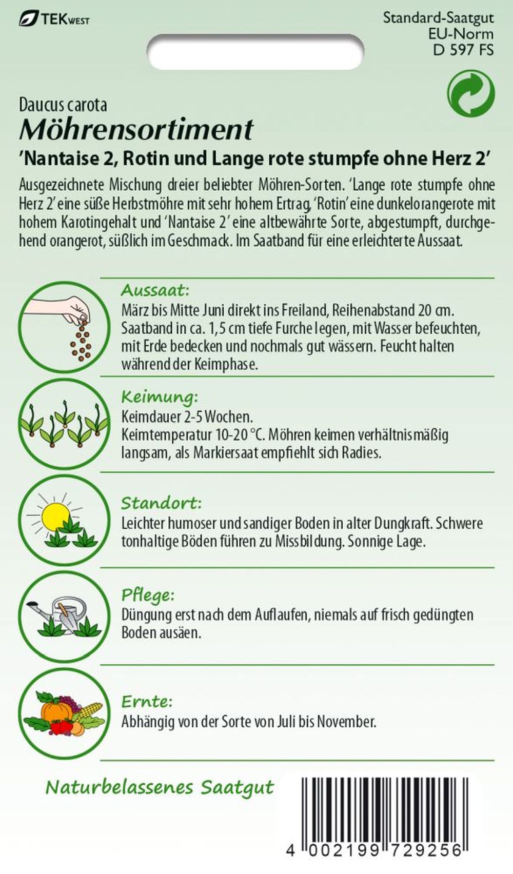 Rückseite der Verpackung des Saatgutes Möhrensortiment, Saatband der Firma Samen Pfann von ihrgartenberater.de