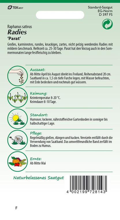 Rückseite der Verpackung des Saatgutes Radies, Parat Saatband der Firma Samen Pfann von ihrgartenberater.de