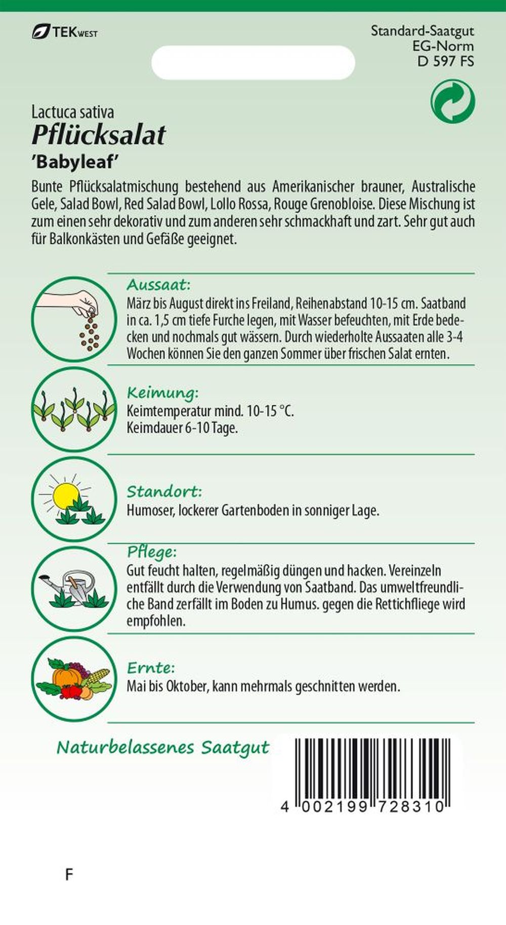 Rückseite der Verpackung des Saatgutes Pflücksalat, Baby Leaf Mischung Saatband der Firma Samen Pfann von ihrgartenberater.de