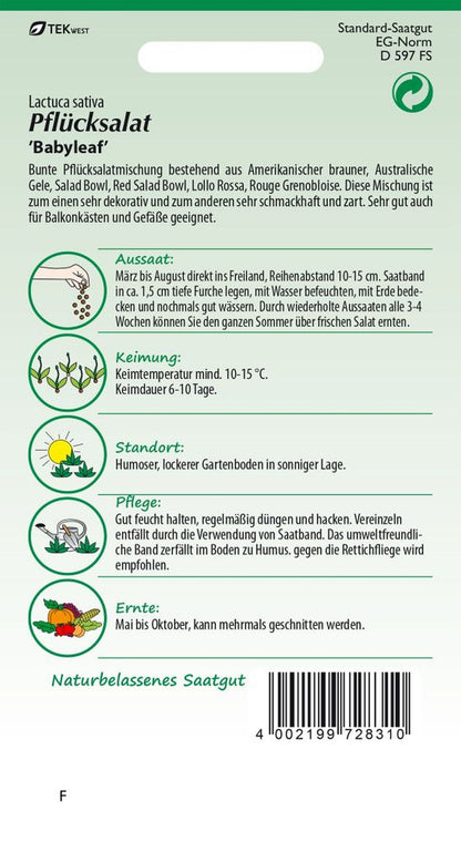 Rückseite der Verpackung des Saatgutes Pflücksalat, Baby Leaf Mischung Saatband der Firma Samen Pfann von ihrgartenberater.de