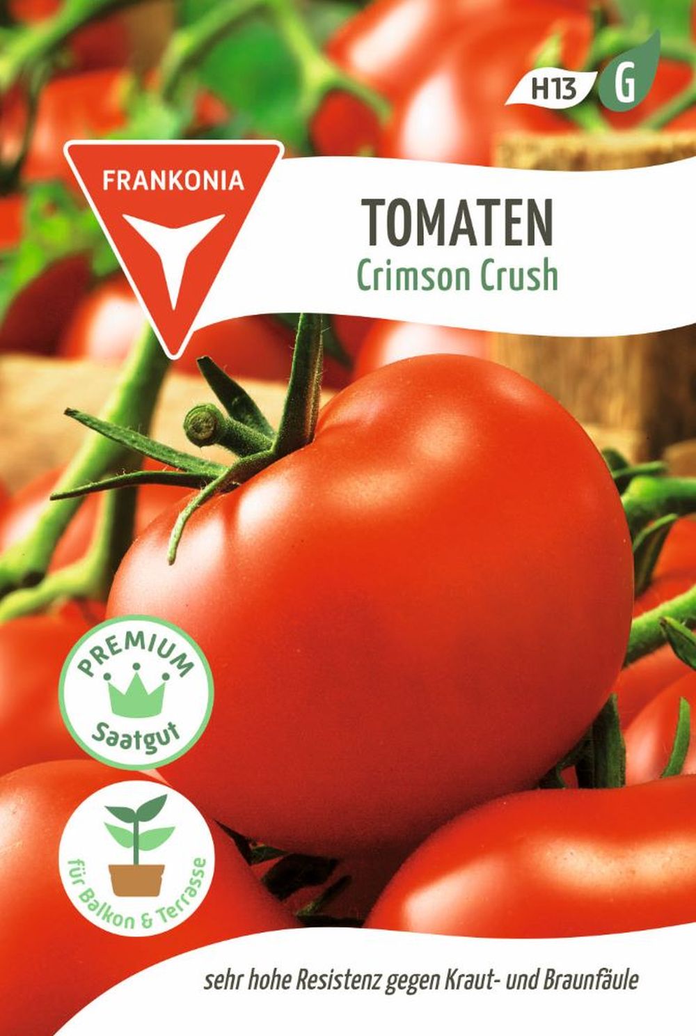 Vorderseite der Verpackung des Saatgutes Tomate, Crimson Crush F1 der Firma Frankonia Samen von ihrgartenberater.de